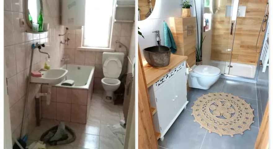Przed i po: stara, zaniedbana łazienka kontra nowoczesna, przytulna łazienka boho z drewnianymi elementami i okrągłym dywanem.