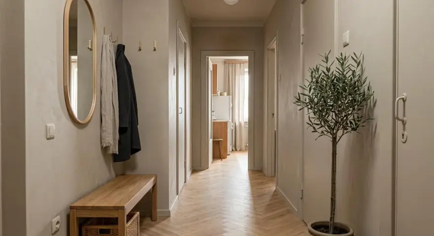 Minimalistyczny przedpokój: drewniana ławka, lustro, wieszaki, roślina w donicy. Wizualizacje jak urządzić przedpokój w stylu skandynawskim.