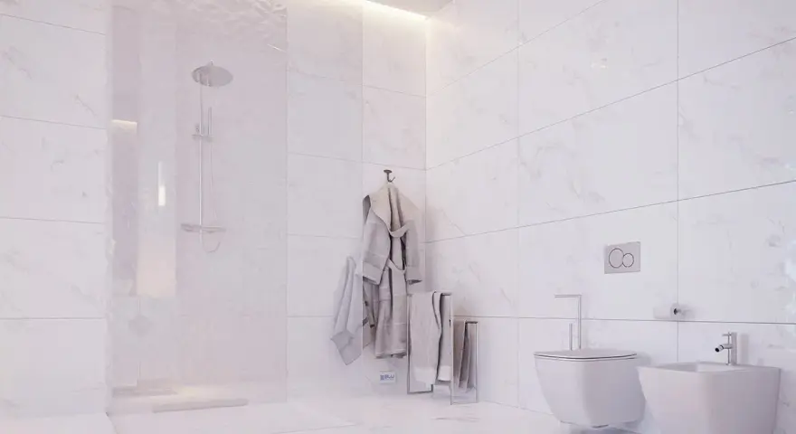 Nowoczesna łazienka z prysznicem i bidetem. Płytki 120x60 ułożone pionowo, tworząc elegancką przestrzeń.