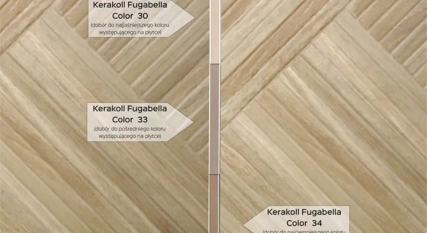 Jak dobrać fugę do płytek? Przykłady fug Kerakoll Fugabella: Color 30 (do najjaśniejszego), 33 (do pośredniego), 34 (do najciemniejszego).