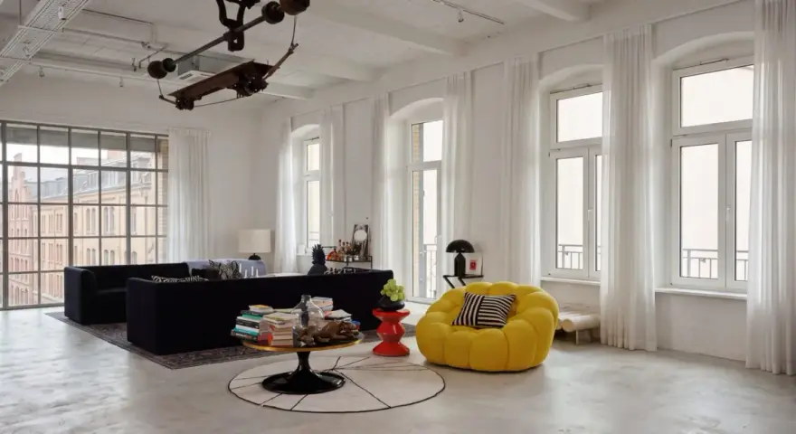 Nowoczesny salon z meblami w stylu bauhaus. Co to za styl? Proste formy, funkcjonalność i minimalizm.