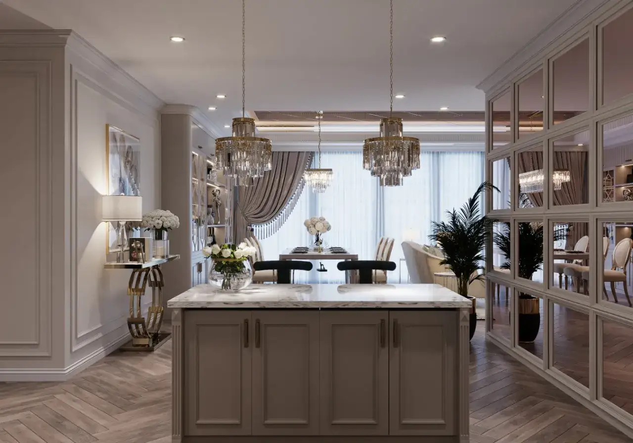Elegancki styl glamour salon z kuchnią, z kryształowymi żyrandolami, marmurową wyspą i lustrzaną ścianą.