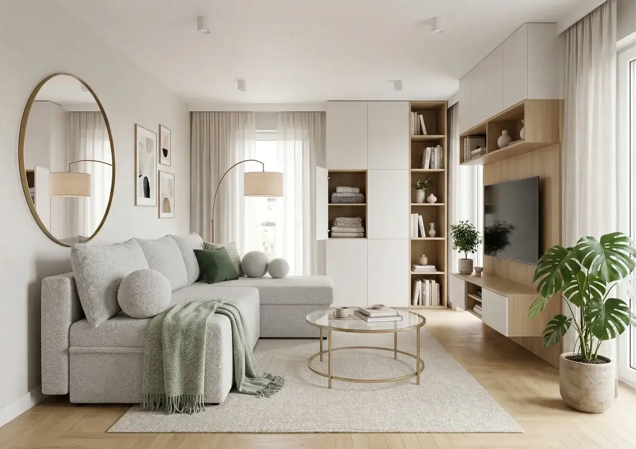 Jasny salon z szarą kanapą, okrągłym stolikiem i regałami. Inspiracja, jak urządzić mały pok&oacute;j, by był funkcjonalny i stylowy.