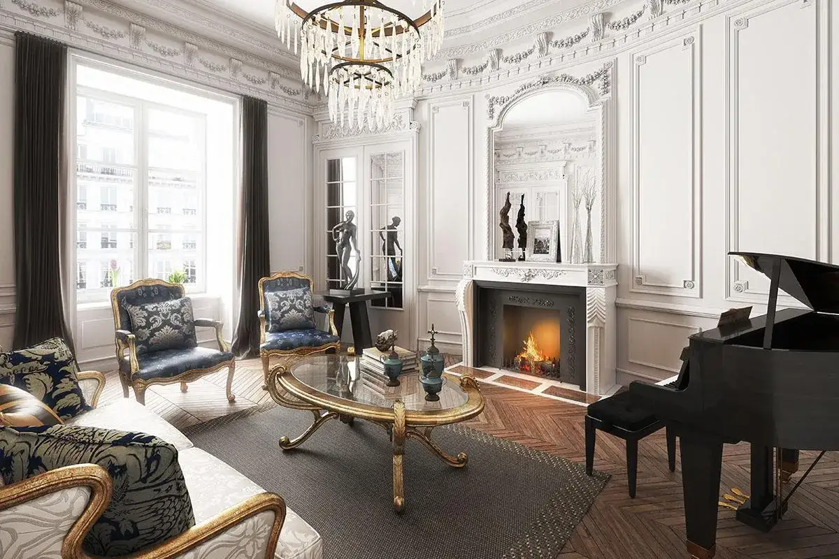 Elegancki salon w stylu francuskim z fortepianem, kominkiem i ozdobnymi meblami.