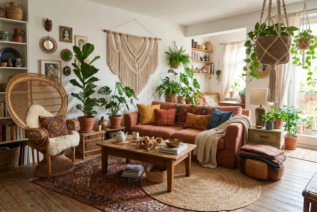 Przytulne styl boho mieszkanie z wiklinowym fotelem, plecioną makramą na ścianie i mn&oacute;stwem zielonych roślin.