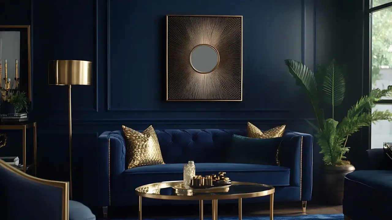 Elegancki salon z granatową ścianą, aksamitną kanapą i złotymi dodatkami. Inspiracje dla miłośników wyrafinowanego stylu.