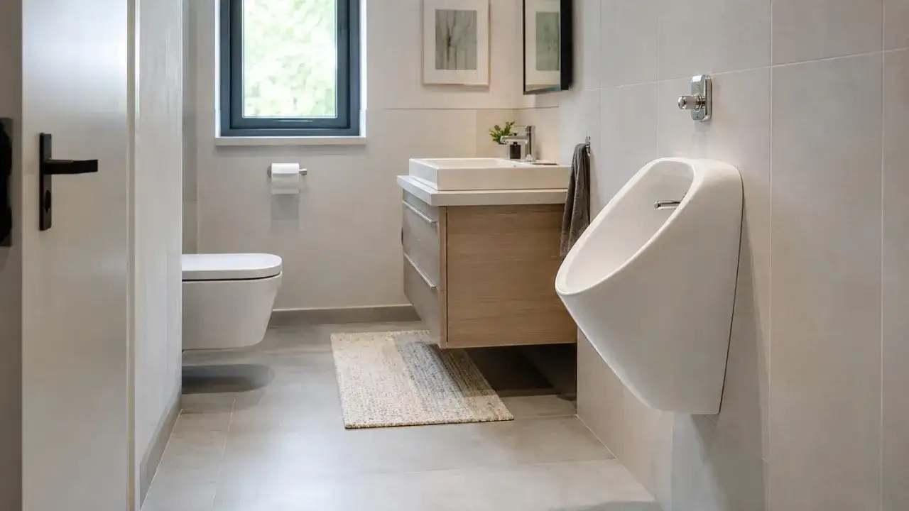 Nowoczesna łazienka z podwieszaną miską WC, umywalką i designerskim pisuarze. Obok wisi ręcznik.
